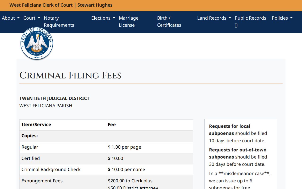 West Feliciana Parish criminal court case copy fees