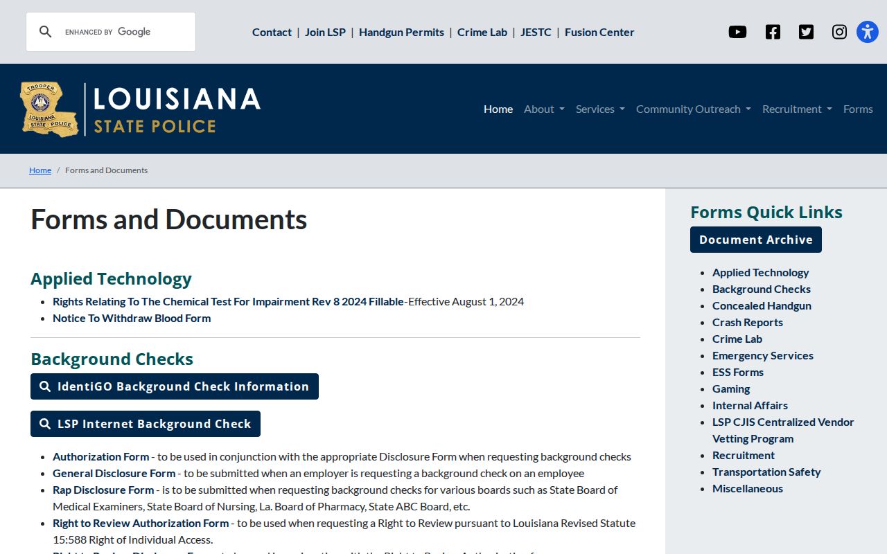 Louisiana State Police criminal history forms and documents