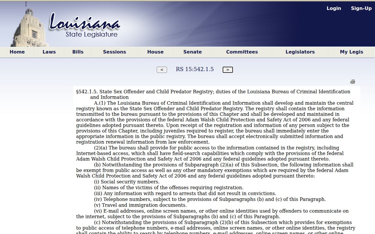Louisiana central sex offender registry statute for West Feliciana Parish